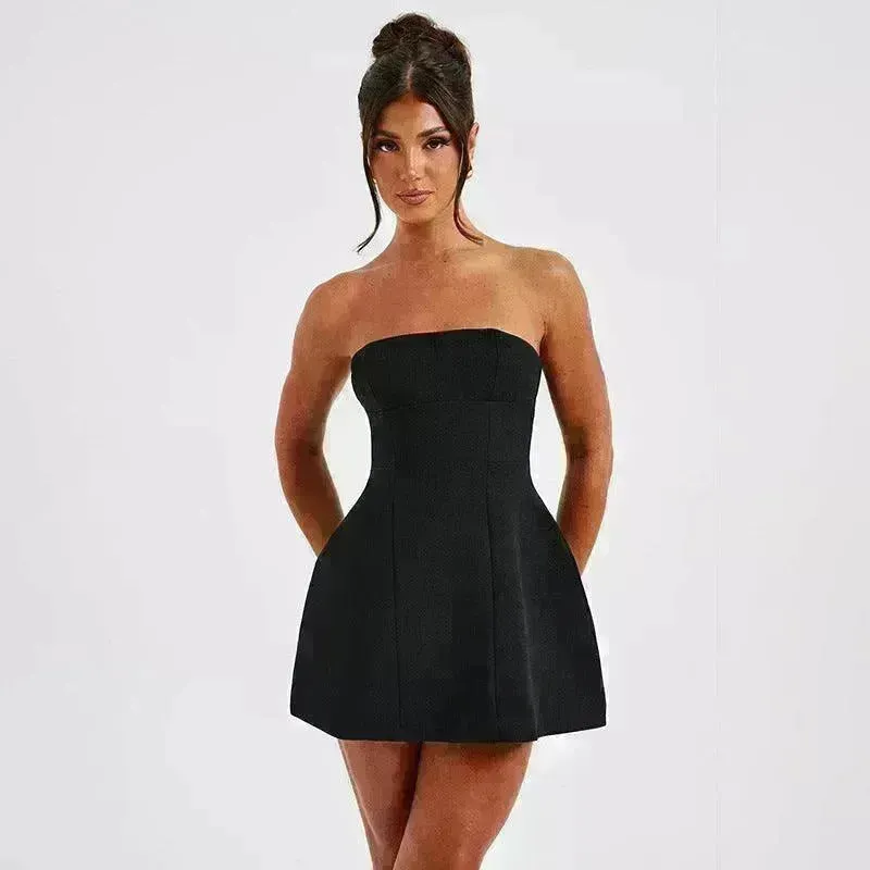 Women Fashion Tube Dress Summer Solid Color Backless Slim Short Party Dress