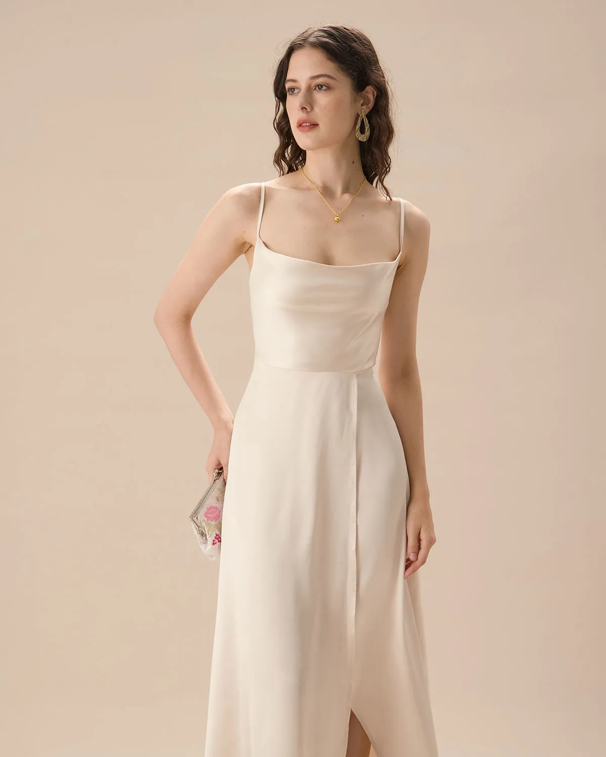 Women's Apricot Satin Cowl Neck Slip Maxi Dress