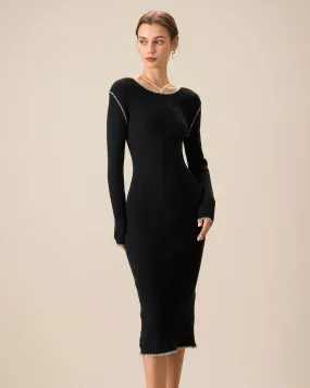 Women's Black Contrasting Ribbed Sweater Midi Dress