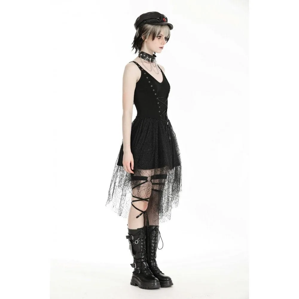 Women's Gothic Plunging Spider Mesh Splice Witch Slip Dress
