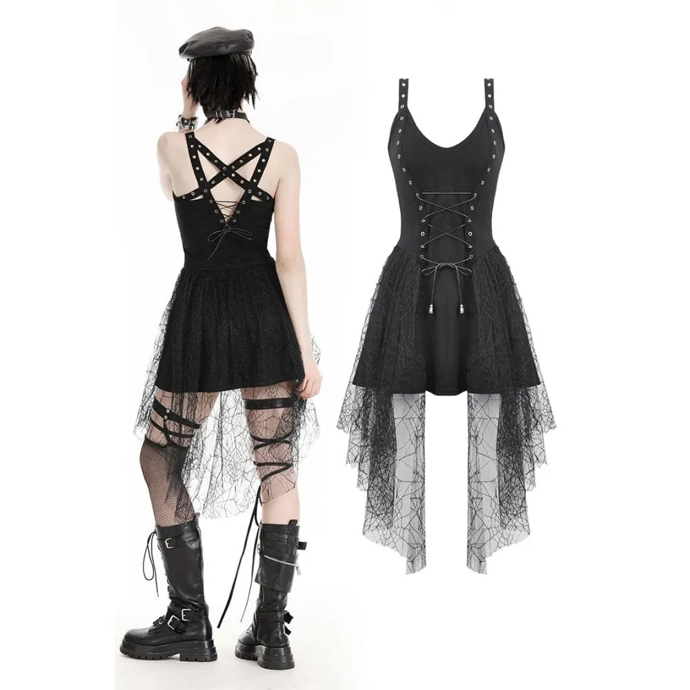 Women's Gothic Plunging Spider Mesh Splice Witch Slip Dress