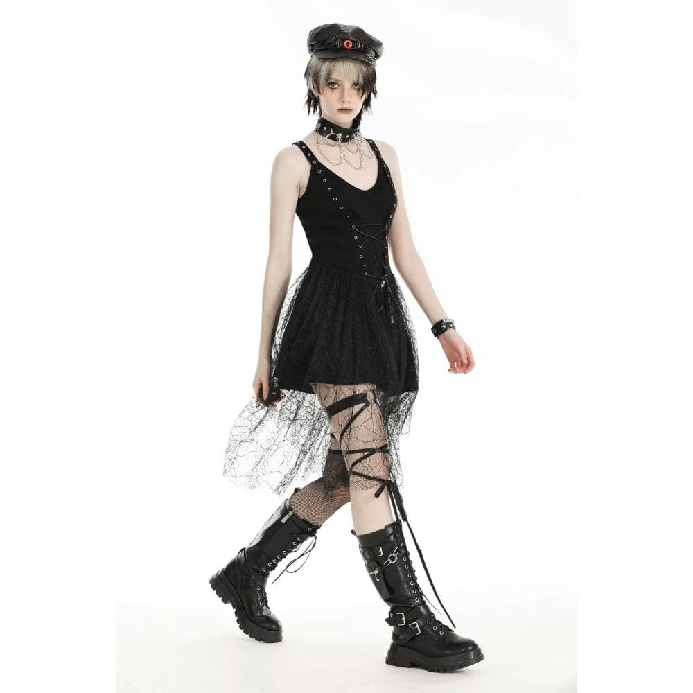 Women's Gothic Plunging Spider Mesh Splice Witch Slip Dress
