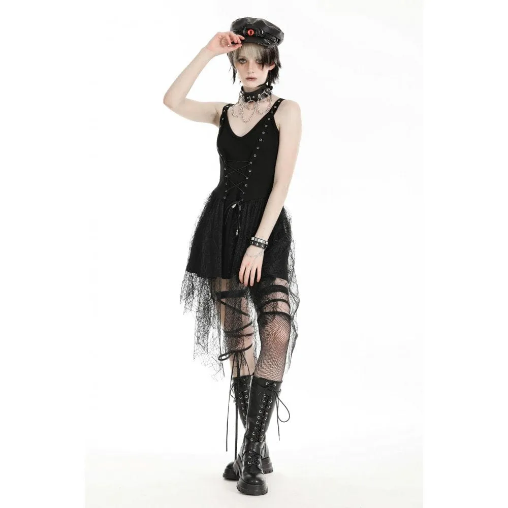Women's Gothic Plunging Spider Mesh Splice Witch Slip Dress