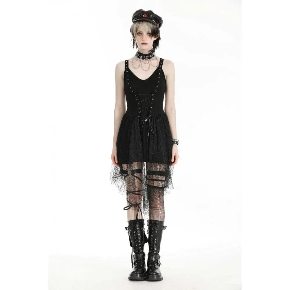 Women's Gothic Plunging Spider Mesh Splice Witch Slip Dress