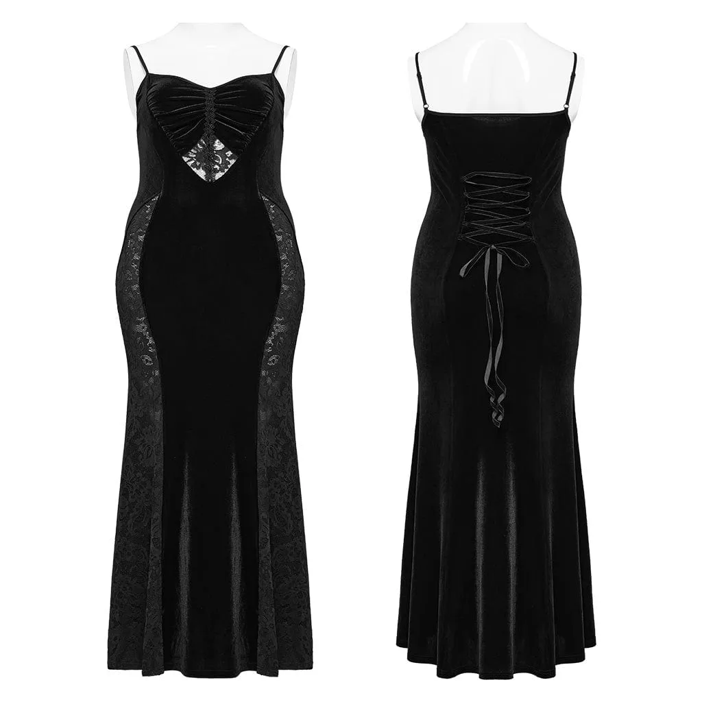 Women's Plus Size Gothic Lace Splice Velvet Fishtail Evening Slip Dress