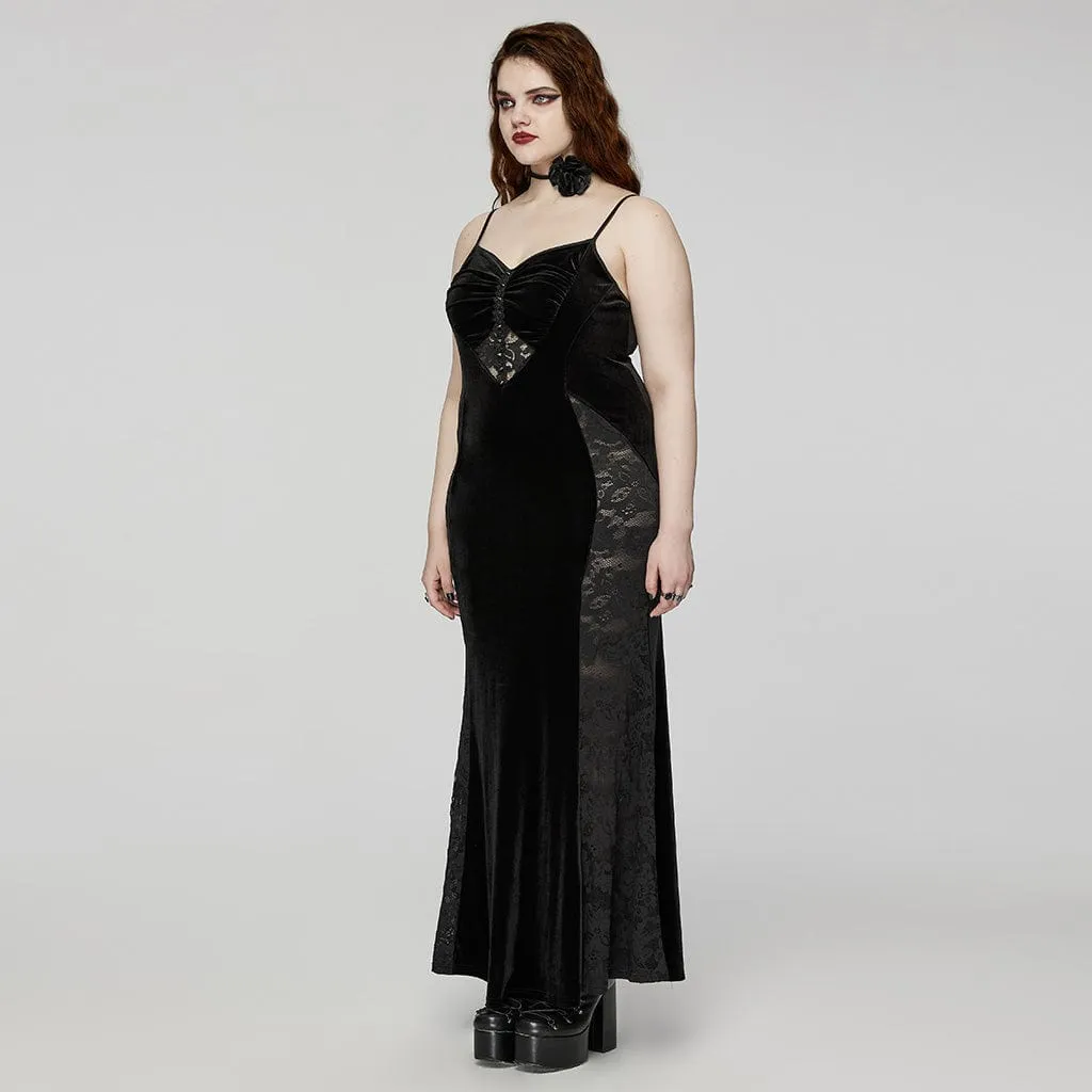 Women's Plus Size Gothic Lace Splice Velvet Fishtail Evening Slip Dress