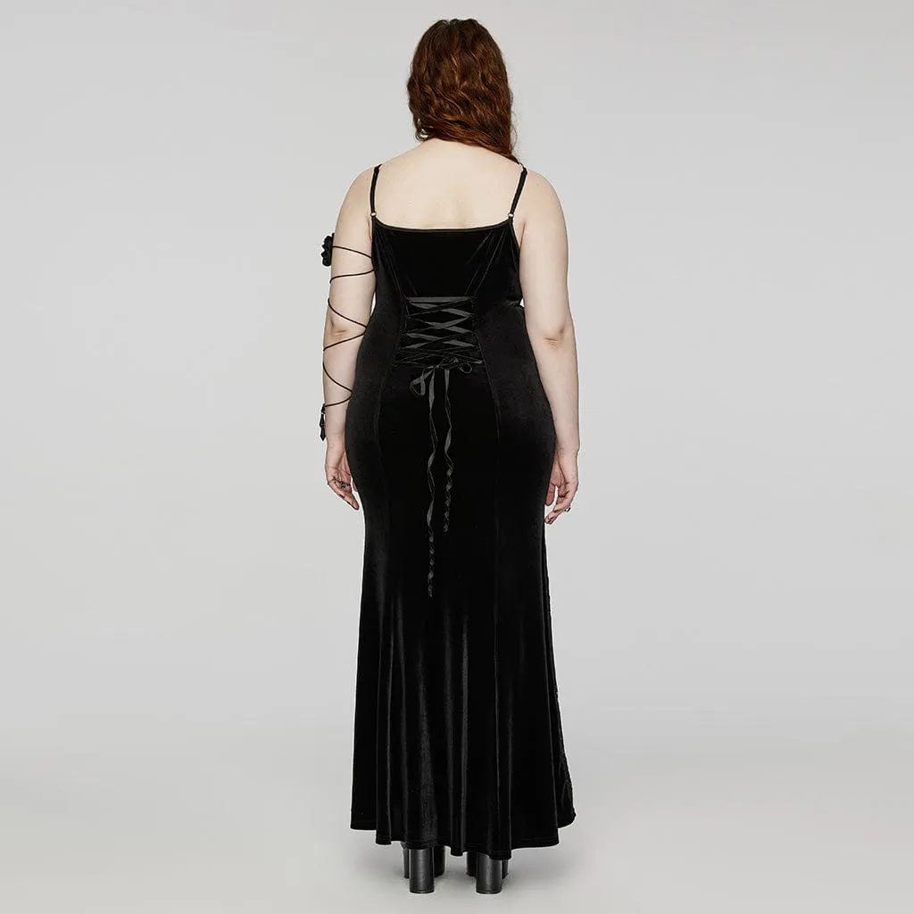 Women's Plus Size Gothic Lace Splice Velvet Fishtail Evening Slip Dress