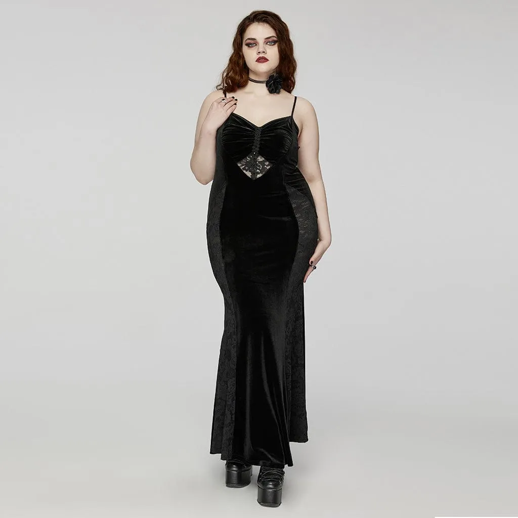Women's Plus Size Gothic Lace Splice Velvet Fishtail Evening Slip Dress