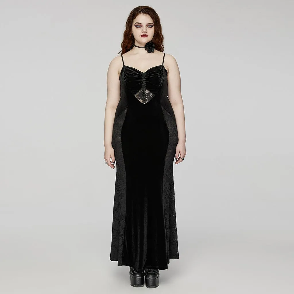 Women's Plus Size Gothic Lace Splice Velvet Fishtail Evening Slip Dress