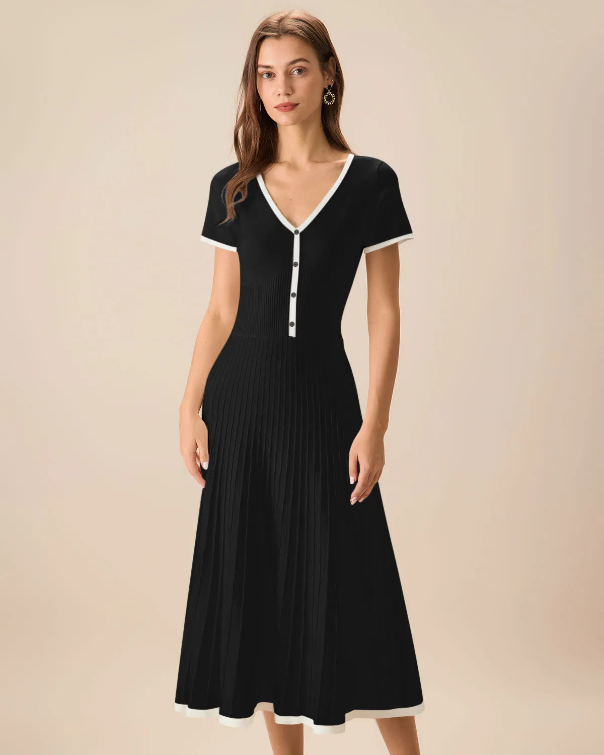 Women's White Contrasting Sweater Midi Dress